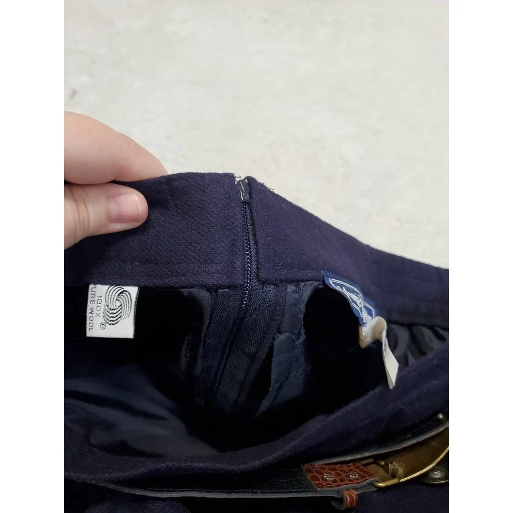 Vintage Navy Blue Wool A Line Wrap Belted Skirt 20W Academia Twee Office Classic - Picture 5 of 9